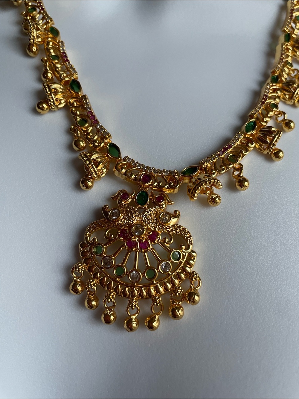 Gold-Tone Pendant Necklace with Green & Pink Accents - Women's Jewelry